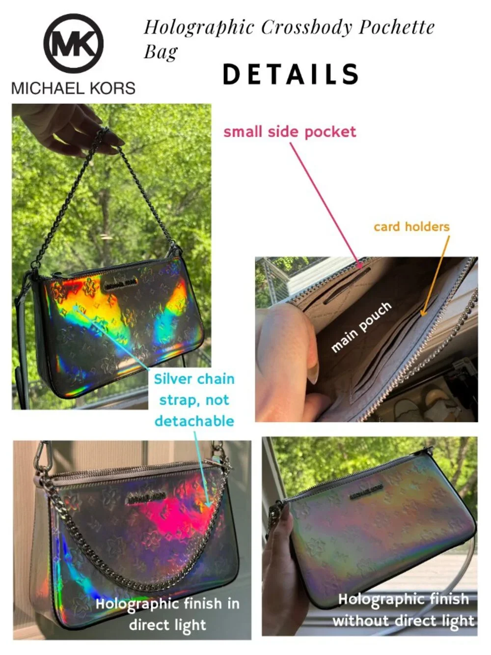 Michael Kors Jet Set Travel Holographic Crossbody Pochette Laser Silver Bag - Picture 3 of 4